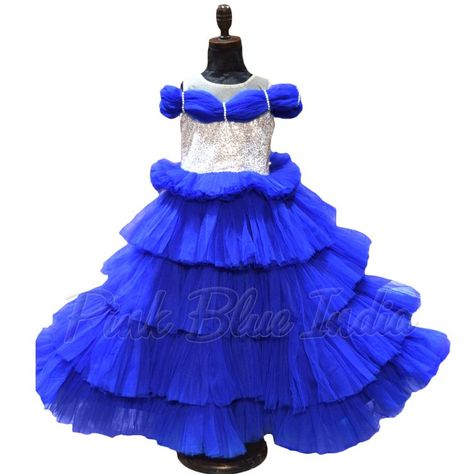 Royal Blue Party Gown Girls Kids, Toddlers Royal Blue Birthday Dress, Blue Birthday Dress, Royal Blue Party, Design For Birthday, Fancy Birthday, Blue Birthday Parties, Off Shoulder Gown, Sequin Party, Dress Royal