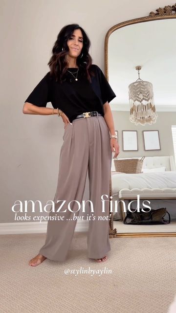 Flowy Work Pants, Flowy Trousers Outfit, Amazon Trousers, Wide Leg Pants Outfit Dressy, Black Pants Outfit Dressy, Wide Leg Trousers Outfit Casual, Amazon Business Casual, Wide Leg Pants Outfit Work, Pleated Pants Outfit