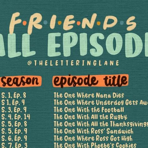 Phil | Lettering + Enneagram on Instagram: "So no one told you life was gonna be this way 👏🏻👏🏻👏🏻👏🏻👏🏻⁣ ⁣ Here’s the @friends fall episode lineup for you to get in the fall mood!⁣ ⁣ What show should I do next?" Fall Episodes, Fall Tv Episodes, Friends Fall Episodes, Friends Halloween Episode, Thanksgiving Episodes Of Friends, Friends Autumn Episodes, Fall Friends, Tv Shows