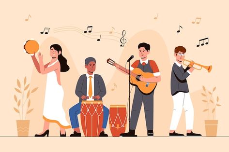 Hand drawn latin music band illustration | Premium Vector #Freepik #vector #orchestra #percussion #hand-drawn-music #band Music Band Illustration, Orchestra Illustration, Band Illustration, Illustrated Postcards, Circus Ideas, 2d Background, Couple Illustration Wedding, Music Clipart, Illustration Wedding