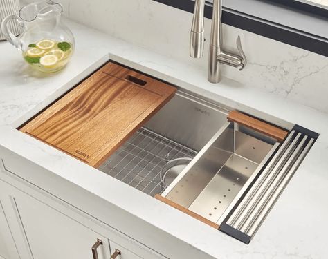 Whether you’re building a brand new kitchen or simply renovating it, hardware has the potential to make or break the vibe of your space. So, now that ... | Install Workstation Sink Ledge Kitchen Sinks, Kitchen Hardware Trends, Undermount Bar Sink, Kitchen Work Station, Farmhouse Sinks, Double Sinks, Sink Sizes, Steel Kitchen Sink, Single Bowl Kitchen Sink