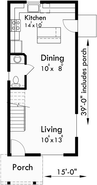 Main Floor Plan for 10124 Narrow lot house plans, 2 bedroom house plans, 2 story house plans, small house plans, 1flr, 10124b Narrow One Bedroom House Plans, Narrow Lot Floor Plans 2 Story, Adu Floor Plans 2 Story, 2 Story 1 Bedroom House Plans, 16x32 Floor Plans 2 Story, 2 Story 2 Bedroom House Plans, Narrow Two Story House Plans, Tiny 2 Story House, Tiny House 2 Story