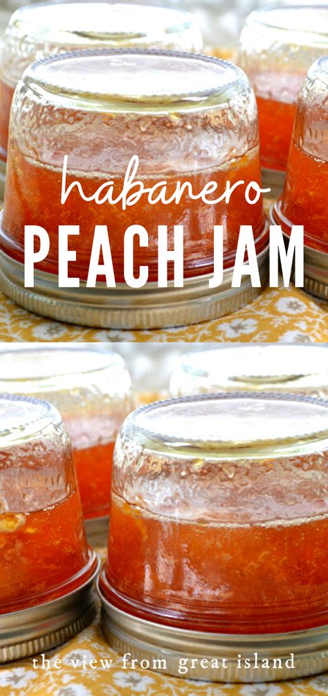 Habanero Peach Jam ~This hot pepper jam isn't for your morning toast, it's for the cocktail hour with cream cheese and crackers, it's positively addictive. #easy #recipe #jam #appetizer #hotpepper #jelly #habanero #jam #peach #jelly #summer #cheeseandcrackers #cheeseplate #cheeseboard Habanero Jelly Recipe, Peach Habanero Jam, Peach Pepper Jelly, Hot Pepper Jam, Jalapeno Jam Recipe, Preserves Recipes, Freezer Jams, Peach Jalapeno Jam, Habanero Recipes