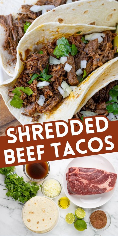 This is the best shredded beef taco recipe! Add chuck roast, broth, and seasoning to a crock pot, let it cook for a few hours, then shredded it, add more seasoning, and serve your shredded Mexican beef with tortillas and your favorite taco toppings. Simple ingredients, easy to make, it's a taco night you and your family will enjoy. Shredded Beef Tacos Recipes, Slow Cooker Shredded Beef, Shredded Beef Tacos, Mexican Shredded Beef, Beef Tacos Recipes, Taco Salads, Beef Tacos, Shredded Beef, Best Slow Cooker