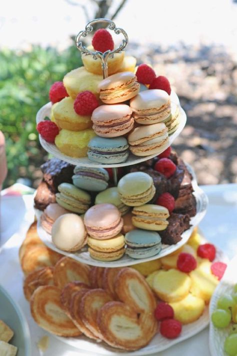 Dessert tower for my sisters bridal shower: brownies, variety macroons, light flaky pastry, lemon cake bites Bridal Shower Pastry Bar, Pastry Tower, Lemon Cake Bites, Mini Brownie Bites, Dessert Tower, Wedding Shower Cakes, Mini Breakfast, Bridal Shower Desserts, Mini Brownies