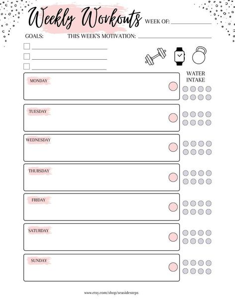 ♥ This Weekly Workout Fitness Planner PDF Template is not only pretty and functional but will keep you on track with your health and fitness goals. By simply writing down your goals you are more likely to create healthy habits and put them into action. Easily plan and log your weekly workouts so you know in advance what your week will look like. There is space to write down what your motivation is for the week Exercise Calendar, Workout Planner Printable, Weekly Workout Planner, Gym Planner, Body Revolution, Training Journal, Exercise Tracker, Workout Template, To Do Planner