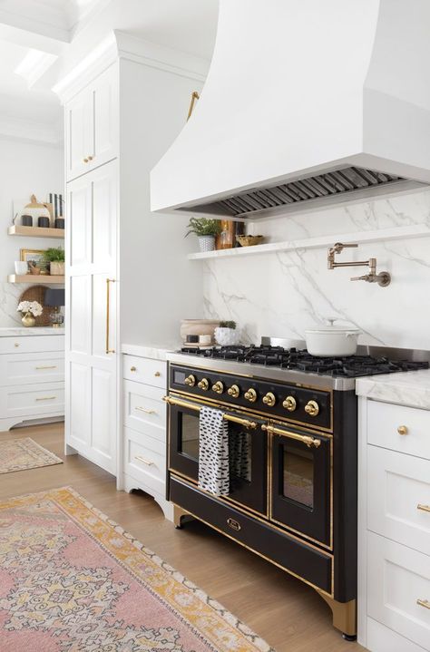 A custom plaster hood overhangs a striking Ilve range, colored in matte graphite and trimmed in brass. Photo by Meagan Larsen. Mcgee Home Kitchen, Mcgee Kitchen, Studio Mcgee Kitchen, The Mcgee Home, Timeless Kitchen Design, Mcgee Home, Timeless Kitchen, Classic Kitchen, Kitchen Design Plans