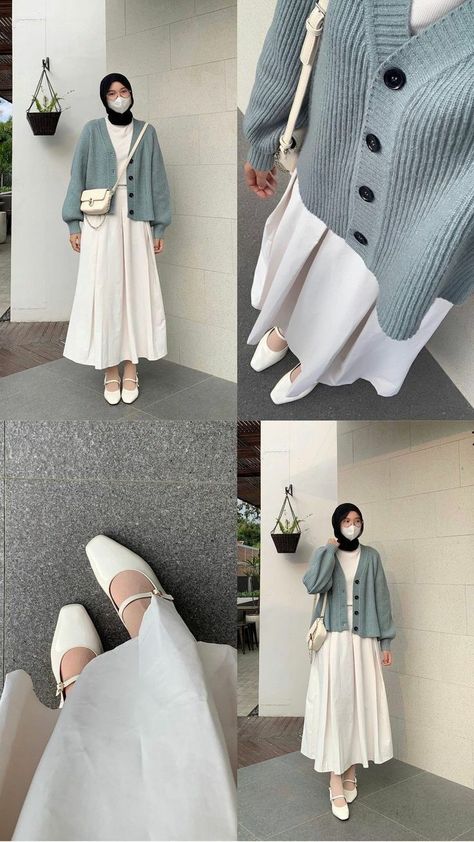 model pakaian hijab casual rok Outfit Cardigan Hijab, Outfit Hijab Casual Rok, Muslim Outfit Ideas, Ootd Cardigan, Outfit Ideas Muslim, Outfit Ideas Korean, Feminine Casual, Old School Fashion, Outfit Cardigan