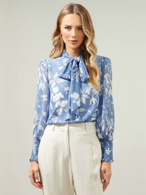 Long Sleeve Self-tie Floral Blouse - Sugarlips | New York & Company Floral Blouse Outfit, Top Highlights, Velvet Dress Designs, Dreamy Whites, Flower Blouse, The Scout, Tie Neck Tops, Body Dress, Tie Blouse