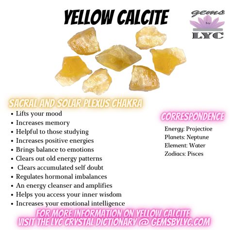 Yellow Calcite Crystal Meaning, Lemon Calcite Meaning, Yellow Calcite Meaning, Calcite Crystal Meaning, Crystal Dictionary, Witchy Corner, Crystal Cards, Crystal Healing Chart, Yellow Crystals