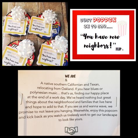 My take on the new neighbor introduction gift. 1.Stove Top Jiffy Popcorn 2.Bow 3.Ribbon 4.Paper/Printer/Microsoft Word Hang it on their door knob or outer gate Apartment Neighbor Gifts, Neighbor Introduction Ideas, New To The Neighborhood Introduction, New Neighbor Gifts Introduction, New Neighbors Introduction Gift, Introduce Yourself To Neighbors, Introduction Gift, Neighborhood Ideas, Welcome New Neighbors