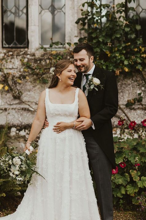 Suzanne Neville Gigi floral embellished square neck wedding dress for Sarah's Loseley Park wedding to Michael. From Miss Bush bridal boutique in Surrey. #suzanneneville #gigi #weddingdress #bridal #fashion #bride #surrey #loseleypark #guildford #squareneck #floral Wide Neckline Wedding Dress, Simple Strap Wedding Dress, Wedding Dress Midsize Bride, Aline Wedding Dress Square Neckline, Square Neck Flowy Wedding Dress, High Neck Tulle Wedding Dress, Plus Size Square Neck Wedding Dress, Square Neck Floral Wedding Dress, Plus Size Wedding Dresses Square Neck