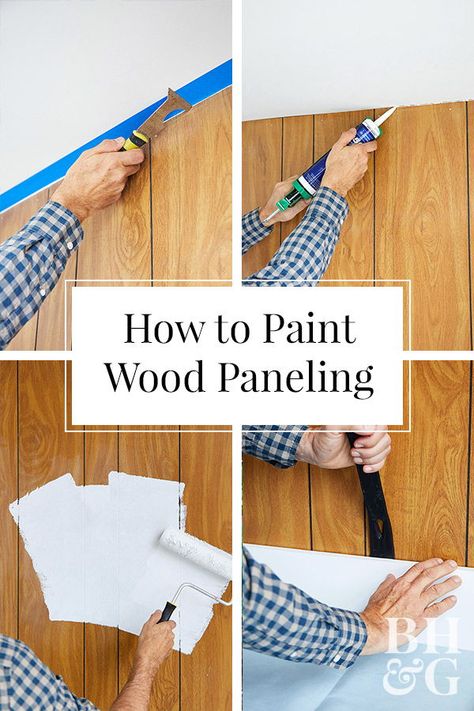 We'll show you how simple it is to give wood paneling a clean, modern look with paint. How To Renovate Wood Paneling, Wood Paneling Chair Rail, Painted Old Wood Paneling, Wood Panel Makeover, Painting Faux Wood Paneling, Makeover Wood Panel Walls, How To Remodel Wood Panel Walls, Wall Paneling Update, How To Paint Wood Paneling Walls