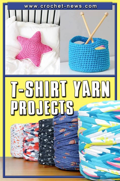 Tshirt Yarn Knitting Patterns, Crochet With Tshirt Yarn Ideas, Tshirt Yarn Crafts, Diy T Shirt Yarn, Making Tshirt Yarn, T Shirt Scraps Crafts, Uses For Tshirt Yarn, What To Make With T Shirt Yarn, Shirt Yarn Crochet