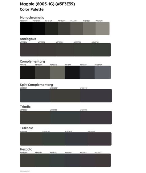 Magpie (8005-1G) Color Scheme Palettes Shades Of Black Color Palette, Rgb Color Codes, Split Complementary, Split Complementary Colors, Monochromatic Color Palette, Black Color Palette, Opposite Colors, Charcoal Sketch, Paint Matching