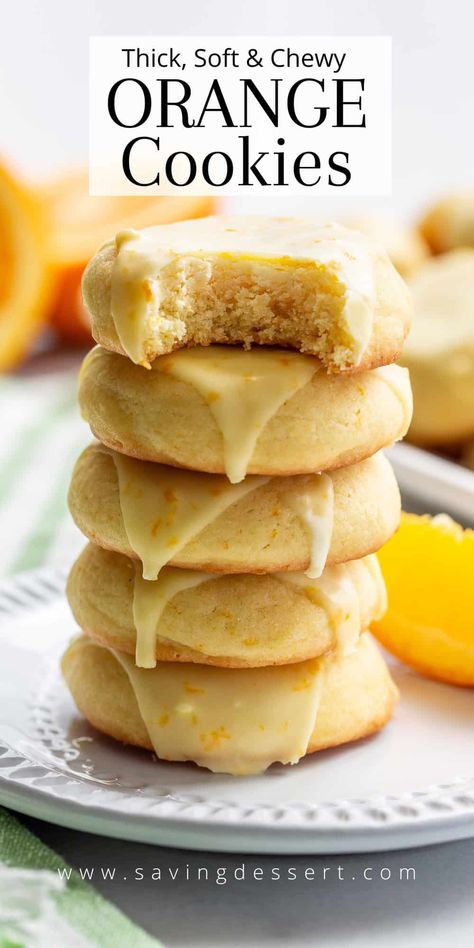 Our thick, soft and chewy fresh Orange Cookies are drizzled with an orange icing but have a sugar cookie vibe. They're loaded with fresh orange juice and zest. #orangecookies #orangecookierecipe #orange #cookierecipe Amish Orange Cookies, Orange Zest Sugar Cookies, Orange Coconut Cookies, Soft Orange Cookies With Icing, Baking With Orange Juice, Carrot Cookies With Orange Glaze, Desserts With Mandarin Oranges, Candied Orange Peel Cookies, Orange Juice Recipes Desserts