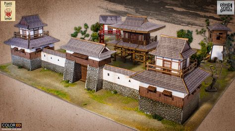 Medieval Japanese House, Feudal Japan Village, Japanese Diorama, Medieval Castle Layout, Castle Scenery, Castle Layout, Medieval Japanese, Japanese Traditional Architecture, Japanese Buildings