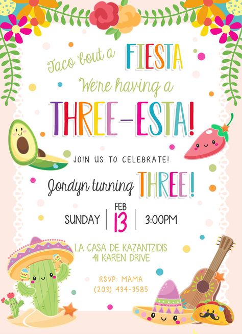 Taco About Three Birthday, Three Year Party Theme, Third Birthday Taco Theme, 3rd Year Old Birthday Party Ideas, Fiesta Theme 3rd Birthday Party, Fiesta Three Year Old, 3rd Birthday Puns, 3 Year Birthday Themes, Twins 3rd Birthday Party Themes