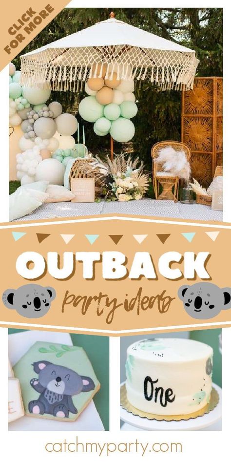 Check out this gorgeous Australian outback-themed party! The cookies are fantastic! See more party ideas and share yours at CatchMyParty.com Outback Birthday Party Ideas, Australian Outback Animals, Australian Animals Birthday Party, Outback Themed Birthday Party, Outback Theme Party, Australian Party Decorations, Back To The Outback Birthday Party, Kangaroo Birthday Party, Australia Birthday Party