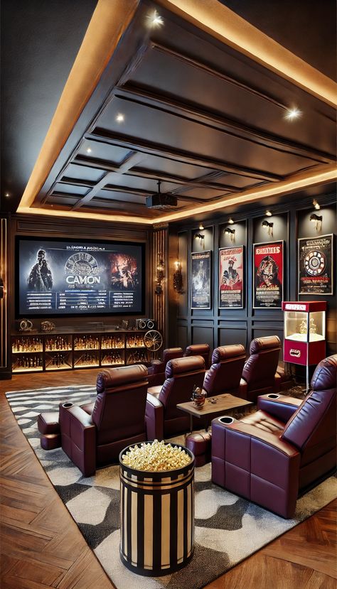 21 Jaw-Dropping Man Cave Decor Ideas You Must See to Believe! 🕶️🎱 Home Movie Theater Room, Framed Movie Posters, Home Cinema Room Ideas, Large Projector Screen, Man Cave Decor Ideas, Dark Wood Paneling, Room Projector, Small Home Theater, Theatre Room Ideas