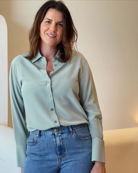 STAFF STYLE // This stunning sage green silk shirt from Joseph is a beautiful investment. Shirts like this just don’t date - wear it with jeans or tailored trousers and you’ll be sure to get a compliment or two! Discover Lucy's edit of buy now, wear forever pieces on the Journal now. #StaffStyle #GraceMelbourne #ShopSmall #ShopLocal Shirt And Blue Jeans Outfit, Sage Green Shirt, Green Silk Shirt, Blue Jeans Outfit, Light Green Shirt, Semi Formal Outfit, Blue Jean Outfits, The Journal, Green Shirt