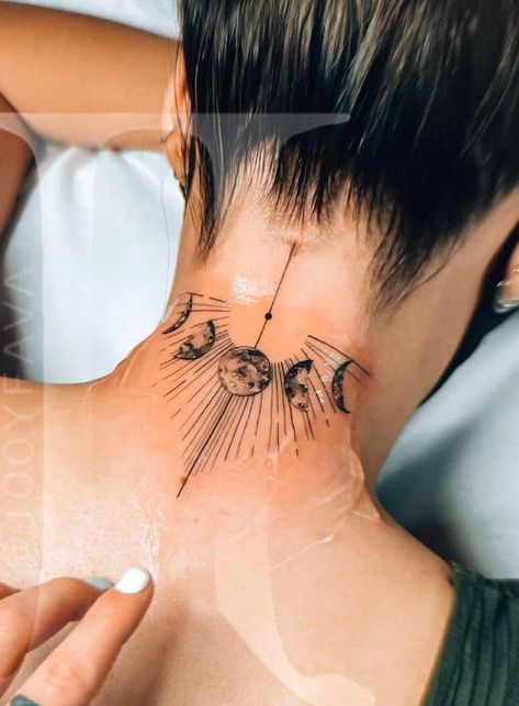 Back Of Neck Tattoos For Women, Tatuaje Studio Ghibli, Neck Tats, Nape Tattoo, 42 Tattoo, Our Mindful Life, Moon Phases Tattoo, M Tattoos, Throat Tattoo