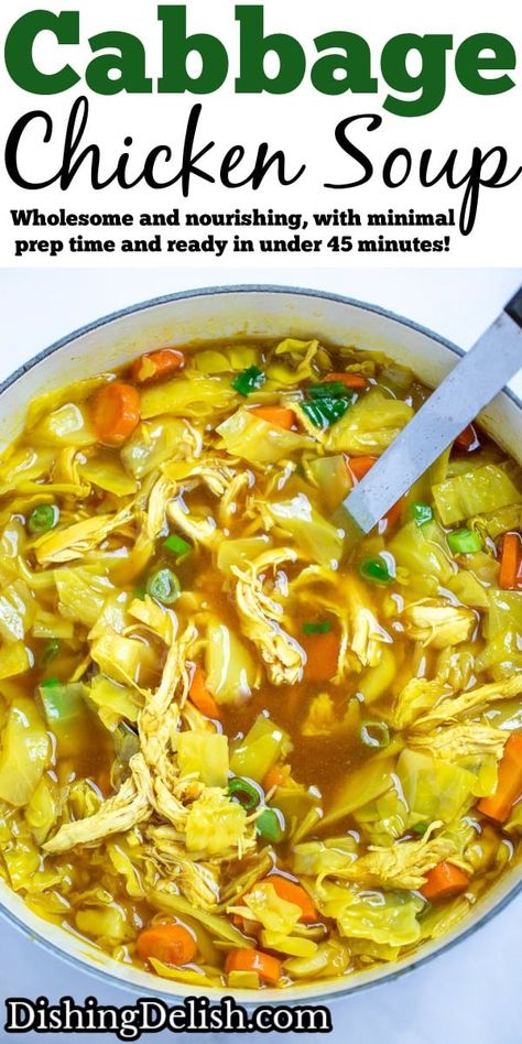 Cabbage Chicken Soup is wholesome and nourishing, made with chicken breast, cabbage, carrots, fresh garlic, and turmeric in a warm broth, with minimal prep time and ready in under 45 minutes! Cabbage Chicken Soup, Chicken Cabbage Soup, Cabbage Soup Diet Plan, Cabbage Chicken, Vegetarian Side Dish Recipes, Soup With Ground Beef, Chicken Rice Soup, Chicken And Cabbage, Breakfast Appetizers