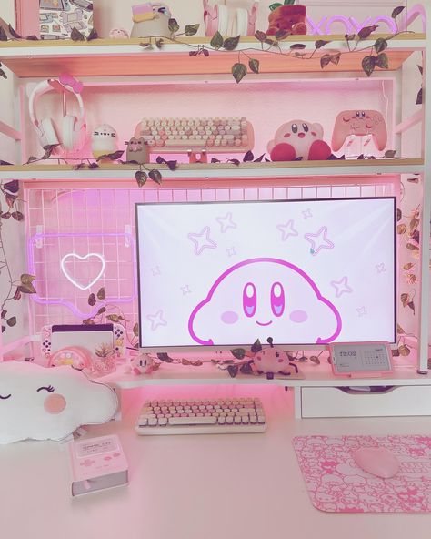 Kirby 💕 #desksetup #deskinspo #gamingsetup #kirby #kawaiiaesthetic Kirby Room Decor, Kirby Furniture, Kirby Bedroom, Kirby Room, Family Core, Nintendo Room, Kitty Room, Gamer Desk, Hello Kitty Rooms