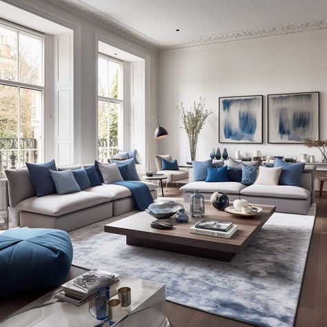 Contemporary Blue Living Room, Gray White Blue Living Room Interior Design, Blue And Grey Lounge, Gray Blue Living Room, Living Room Designs Blue And Gray, Blue Aesthetic Apartment, Grey And Blue Living Room Ideas, Blue Modern Living Room, Grey Blue Living Room