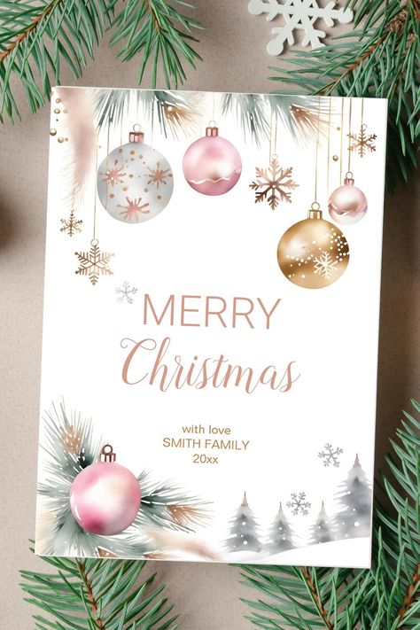 Merry Christmas holiday greeting template card instant digital download silver rose gold baubles Gold Baubles, Football Birthday Cake, Watercolor Holiday Cards, Merry Christmas Greeting Card, Watercolor Holiday, Christmas Boho, Christmas Holiday Greetings, Football Birthday, Xmas Card