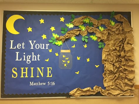 Let Your Light Shine Jesus Bulletin Board: Used Cricut Air Machine for Mason Jar, lightening bugs, moon, letters, & most of the leaves. Jesus Bulletin Boards, Sunday School Classroom Decor, November Bulletin Boards, Class Bulletin Boards, Christian Bulletin Boards, Preschool Boards, Sunday School Decorations, Summer Bulletin Boards, Classroom Boards