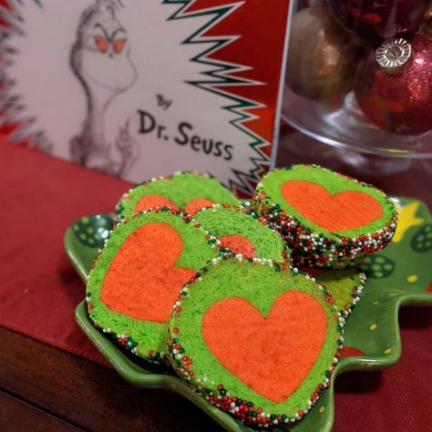 Sweets and Savory Slice And Bake Design Cookies, Holiday Slice And Bake Cookies, Grinch Heart Cookies, Christmas Slice And Bake Cookies, Slice And Bake Cookies Design, Slice And Bake Christmas Cookies, Yule Cookies, Grinch Cookies Recipe, Slice And Bake Cookies