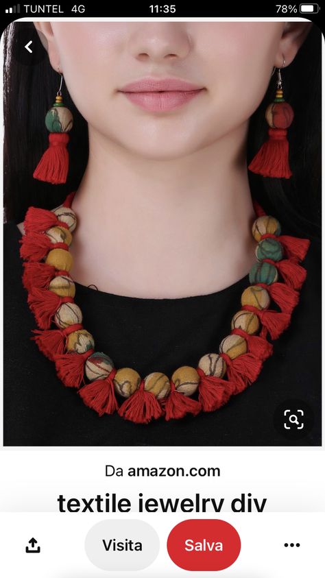 Textile Jewelry Diy, Diy Fabric Jewellery, Handmade Jewlery, Silk Thread Jewelry, Fabric Earrings, Fabric Necklace, Hand Painted Jewelry, Handmade Fashion Jewelry, Red Necklace