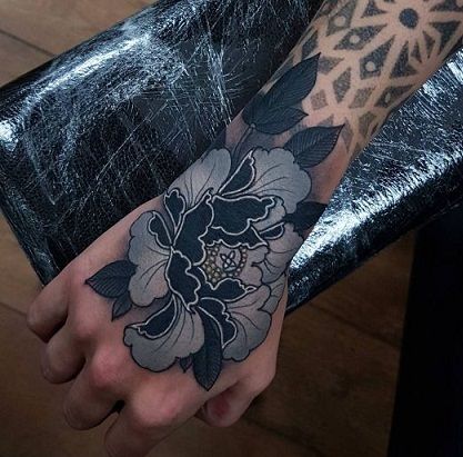 9 Nature’s Finest Peony Tattoo Designs Peony Hand Tattoo, Gotik Tattoo, Black Peony, Peonies Tattoo, Tattoo Cover-up, Up Tattoos, Dark Tattoo, Hand Tattoo, Blackwork Tattoo