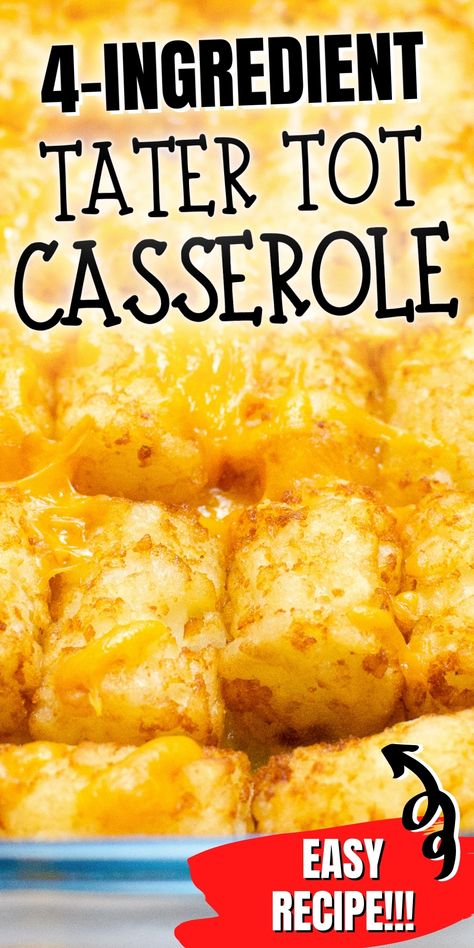 Easy 4-ingredient Tater tot casserole recipe! A real family favorite, this easy ground beef casserrole is one of my go-to dinner recipes! Easy Tater Tot Casserole Beef, Tater Tot Recipes Casseroles Ground Beef, Easy Recipes With Tater Tots, Cheesy Tot Casserole, Tater Tot With Cheese, Tator Tot Casserole Recipe No Meat, Velveeta Tater Tot Casserole, Easy Cheesy Tater Tot Casserole, Tater Tot Casserole With Cheese Soup