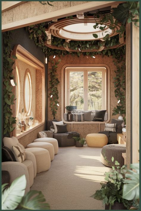 Cozy sunlit room with large windows, circular skylights, and plush seating surrounded by lush greenery. Hemp Insulation, Eco Friendly Insulation, Cellulose Insulation, Reduce Energy Bill, Eco Friendly Building, Reduce Your Carbon Footprint, Wool Insulation, Reduce Energy Consumption, Reduce Energy