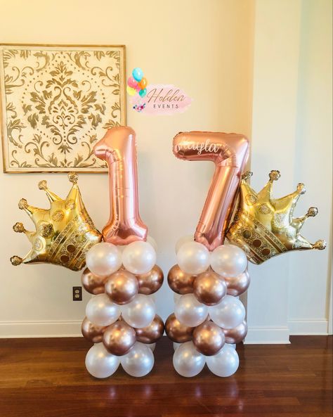 17th birthday Crown & Rose Gold balloons 19 Balloons Birthday, 17th Birthday Balloons, 17 Birthday Balloons, 17th Birthday Decoration Ideas, 17th Birthday Decorations, Number 15 Balloons, 17 Balloons Number, 17 Balloons, 16 Balloons Number