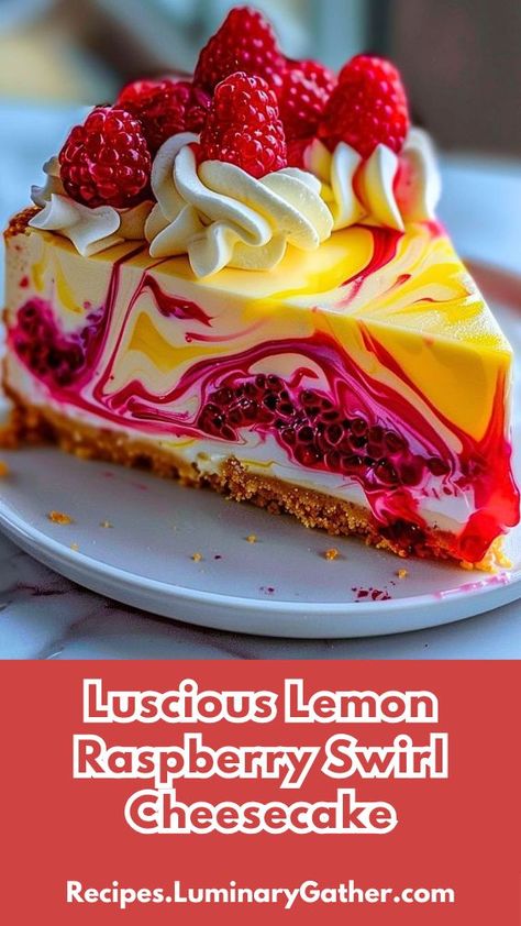 This vibrant, stunning, and delicious dessert is a showstopper with its luscious lemony filling, tangy raspberry swirls, and creamy cheesecake texture. Perfect for any occasion, this no-bake cheesecake is a flavorful delight with a buttery graham cracker crust that complements the sweet and tart flavors. The juicy raspberries and zesty lemon combine to create an unforgettable treat that looks as beautiful as it tastes. Cheesecake Decoration, Lemon Raspberry Cheesecake, Raspberry No Bake Cheesecake, Raspberry Swirl Cheesecake, Cheesecake Tarts, Swirl Cheesecake, Raspberry Tarts, Elegant Desserts, Raspberry Cheesecake