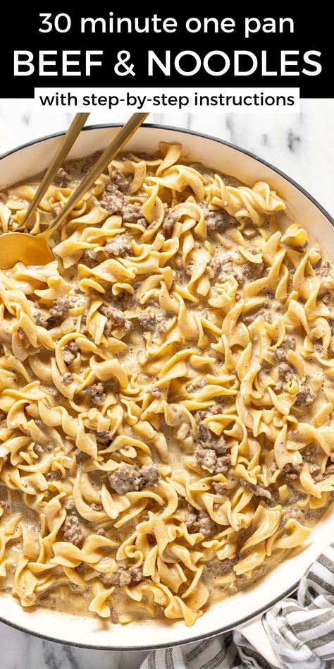 This creamy one-pan beef and noodles recipe comes together in about 30 minutes and is the perfect cozy comfort food for a busy weeknight! Noodles And Hamburger Meat Recipes, Wide Noodle Recipes Dinners, Beef Weeknight Dinner Recipes, 30 Minute Beef And Noodles, Ground Beef Recipes With Egg Noodles, One Pot Beef And Noodles, One Skillet Ground Beef Recipes, Hamburger And Noodle Recipes Ground Beef, Midwest Meal Ideas