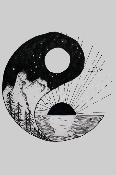 Yin Yang Mountain Tattoo, Ying Yang Tattoo Mountain, Yin Yang Artwork, Yin Yang Drawing Ideas, Ying And Yang Drawing, Ying Yang Sketch, Sun And Moon Ying Yang Tattoo, Moon Ying Yang Tattoo, Yin Yang Art Drawings