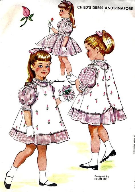 1950s Child's Dress and Pinafore Pinafore Sewing Pattern, Helen Lee, 1950s Girls, Vestidos Anime, 1950s Sewing Patterns, Girl Dress Pattern, Sewing Patterns Girls, Girl Dress Patterns, Gathered Dress