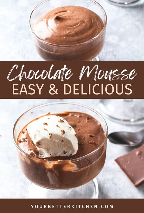 Find out what it really takes to make the easiest chocolate mousse ever. All you need is a few ingredients including boxed pudding, milk, and heavy cream. So there's no need for eggs or gelatin. Serve this homemade mousse in a glass, in a cup, or as a mini dessert. Get the recipe at yourbetterkitchen.com. Easy Light Desserts, Homemade Mousse, Quick Chocolate Mousse, Strawberry Mousse Recipe, Graham Cracker Dessert, Super Easy Dessert, Chocolate Mousse Desserts, Cracker Dessert, Homemade Chocolate Pudding