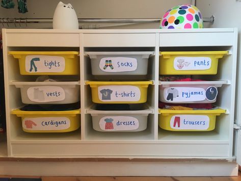 Toddler Clothes Storage, Montessori Toddler Room, Montessori Toddler Bedroom, Ikea Montessori, Montessori Toddler Rooms, Toddler Wardrobe, Trofast Ikea, Montessori Infant Room, Toddler Closet