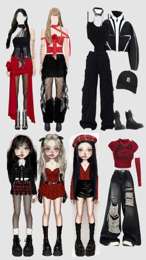 red and black kpop outfits Kpop Outfits, Red And Black, Black Red, Black And Red, Red, Pins, Black