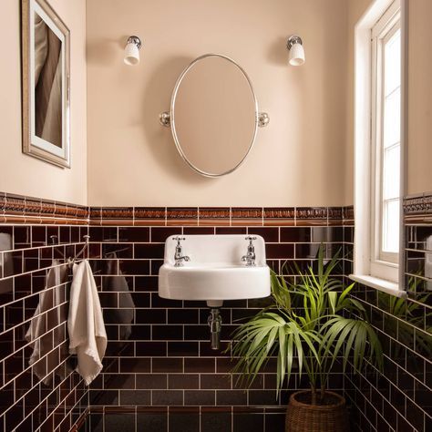 Brown Tiles Bathroom, Brown Bathroom Paint, Victorian Bathroom Tiles, Burgundy Bathroom, Period Bathroom, Brown Tile Bathroom, Small Downstairs Toilet, Brown Bathroom Ideas, Brown Tile