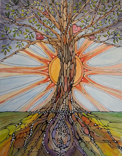 Zentangle Tree Of Life, Neurographic Art Ideas Flowers, Neurographic Art, Neurographic Art Tree, Trippy Tree Drawing, Mystical Tree Art, Root Chakra Art Paintings, Trippy Tree Painting, Neurology Art