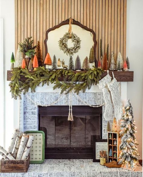 Fireplace Step, Christmas Fireplace Mantle, Bottle Brush Tree, Brush Tree, Brush Trees, Christmas Mantel, Christmas Holiday Decor, Christmas Mantle, Instagram Christmas