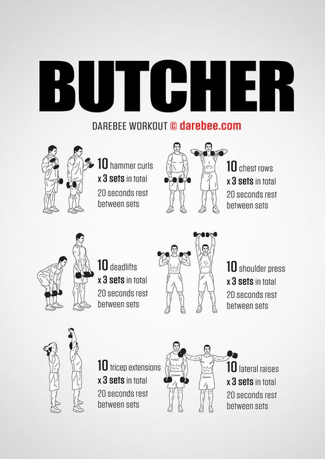 http://darebee.com/workouts/butcher-workout.html F1 Training, Dumbbell Workout Plan, Beginner Pilates, Full Body Dumbbell Workout, Gym Antrenmanları, Dumbell Workout, Pilates Video, Kettlebell Training, Trening Fitness