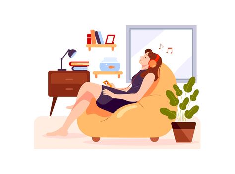 The girl is relaxing on the couch and listening to the music by HoangPts on Dribbble Activities Illustration, Music Illustration, Creative Illustration, Design Jobs, Music Design, Home Activities, Take A Seat, Illustrations And Posters, Digital Art Girl