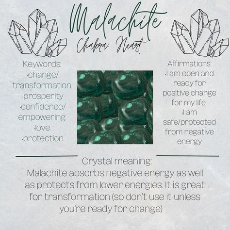 Malachite crystal info: chakra, keywords, affirmations and intentions, and meaning Malachite Meaning, Malachite Benefits, Malachite Crystal Meaning, Malachite Properties, Malachite Stone Meaning, Crystal Intentions Examples, Malachite Crystal, Malachite Affirmation, Zodiac Stones